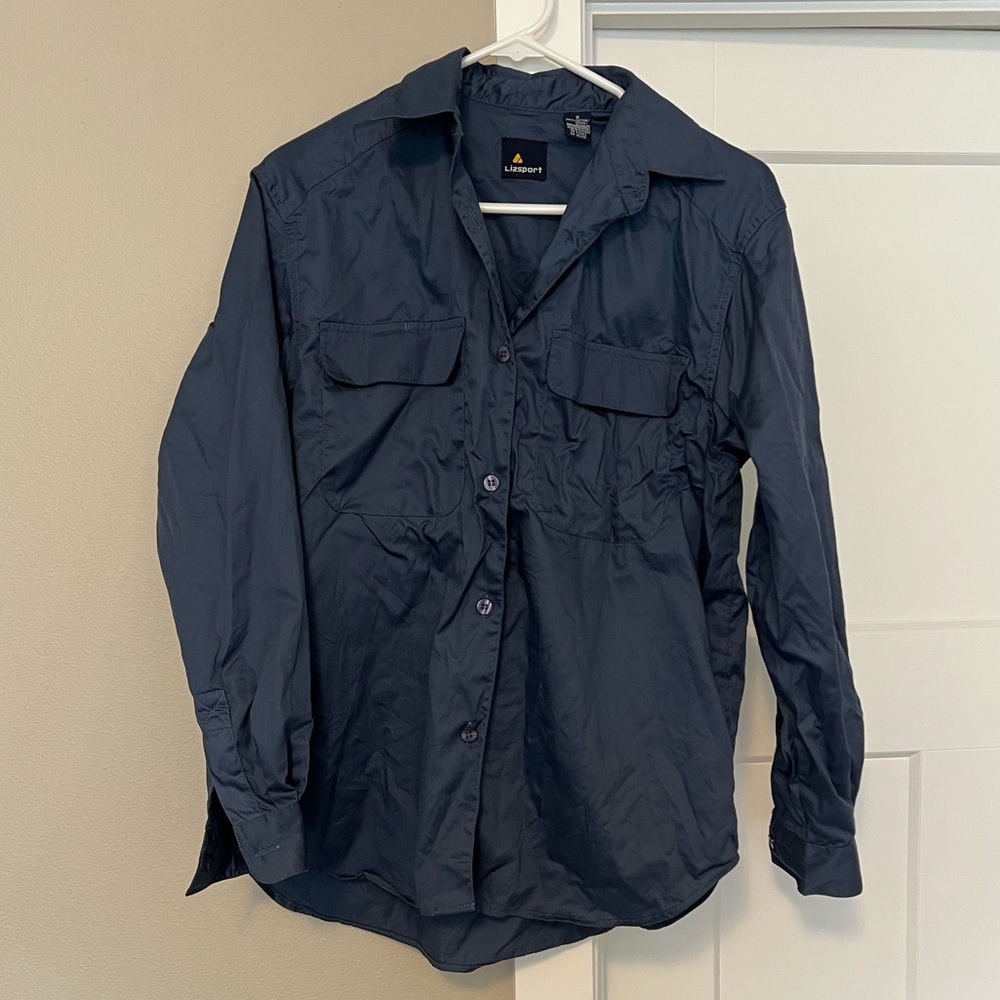 Blue Button Down Shirt with Collared Neckline and Long Sleeves